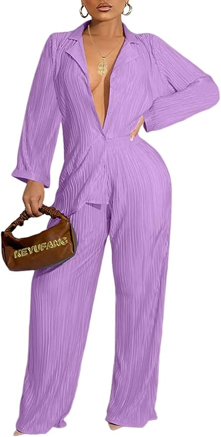 Ekaliy Women's 2 Piece Casual Pleated Outfits Short Sleeve Button Down Shirt High Waist Wide Leg Trouser Sets Suit