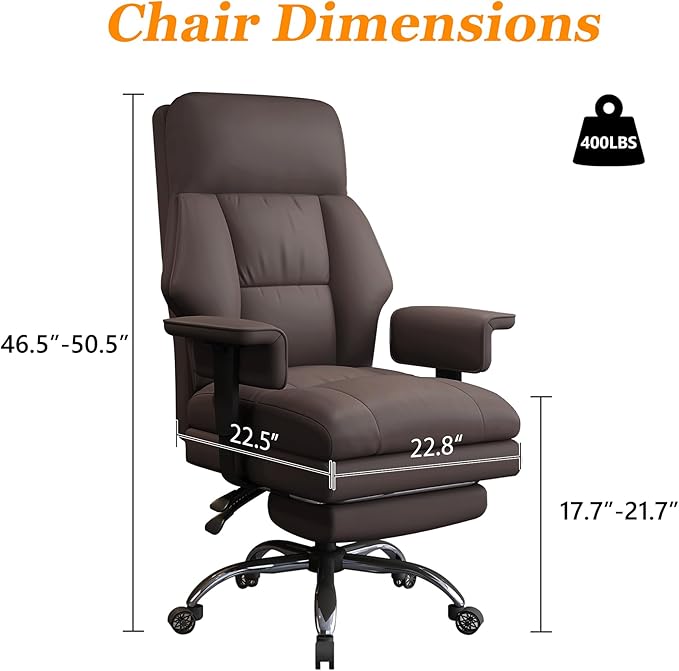 WXJHL Office Chair with Leg Rest, Leather High Back Executive Office Chair with Wheels, Ergonomic Desk Chairs with Lumbar Support for Home Office, Brown