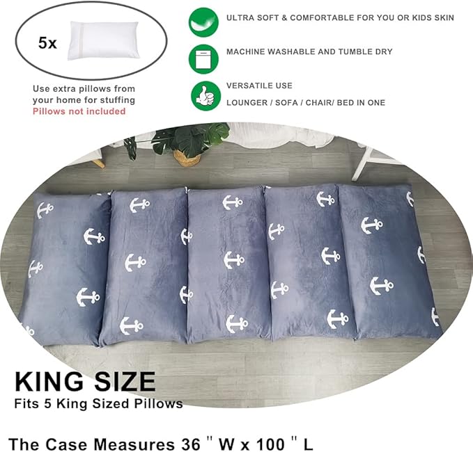ICOPUCA Floor Lounger Pillow casing for boy Girl, Soft Minky Plush, Anchor Print, Cover/Sleeve/Casing ONLY! Perfect Reading and Watching TV Cushion - Excellent for Sleepovers, King Size;
