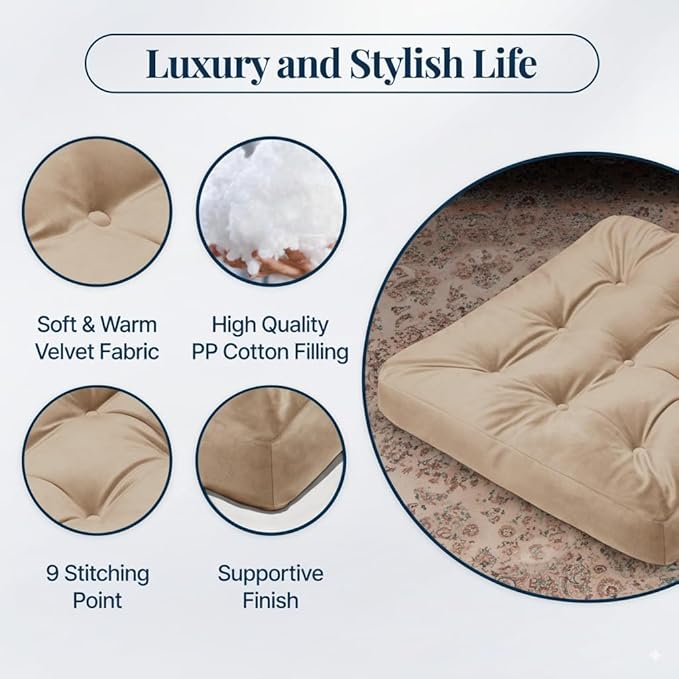 Velvet Floor Pillow, Square Large Pillows Seating for Adults, Beige Tufted Cushions for Meditation, Yoga, Tatami, Living Room, Chair Booster, Machine-Washable & Dryer-Safe, Beige, 22x22 Inch