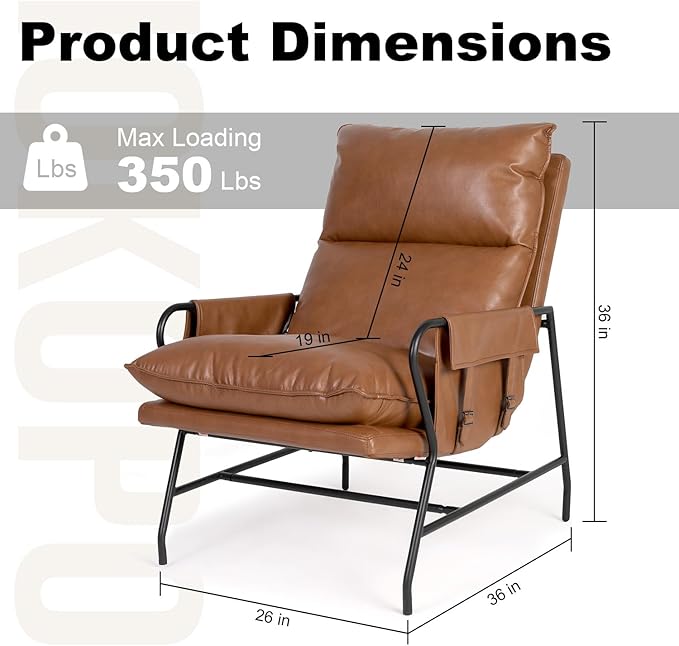 1 Pc Faux Leather Accent Chair for Living Room, 24" High Backrest Upholstered Armchair, Ergonomic Design, Soft Thickened Cushion Comfy Leisure Chair, Mid Century Modern Single Sofa, Light Brown