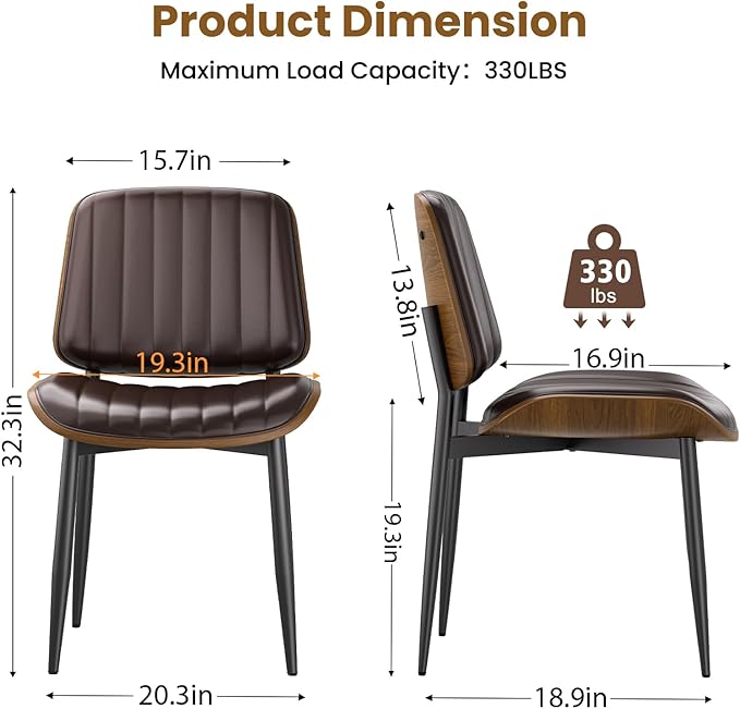 YaFiti Dining Chairs Set of 4, Mid Century Modern Dining Room Kitchen Chairs, Upholstered PU Leather Vertical Stripe Chairs for Vanity with Walnut Bentwood and Metal Legs, Brown
