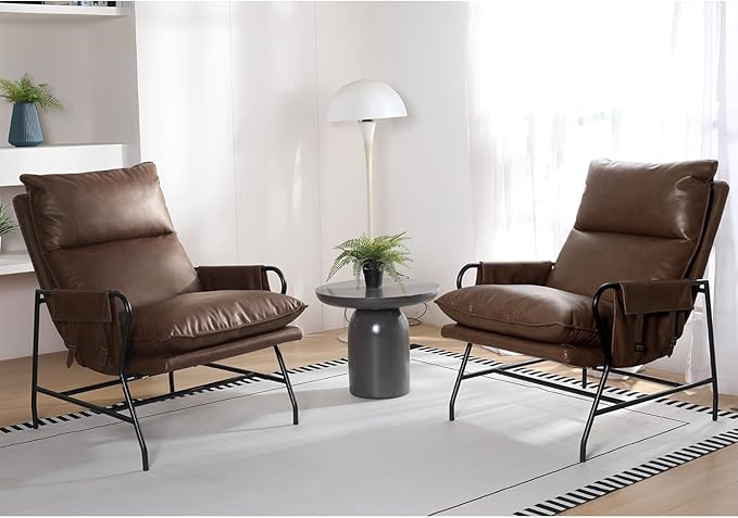 Faux Leather Accent Chair Set of 2 for Living Room, 24" High Backrest Upholstered Armchair, Soft Thickened Cushion Comfy Leisure Chair, Mid Century Modern Single Sofa, Dark Brown