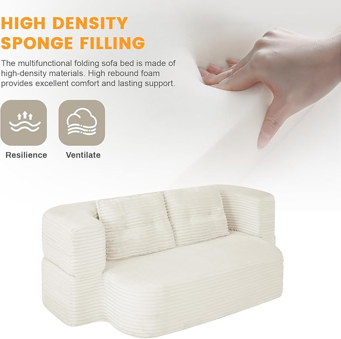 78.4" Convertible Sleeper Sofa Bed, Floor Couch Loveseat with Functional Blanket and 2 Soft Pillows,Corduroy Fabric Boneless Futon Couch for Living Room,Bedroom,Apartment(Beige)