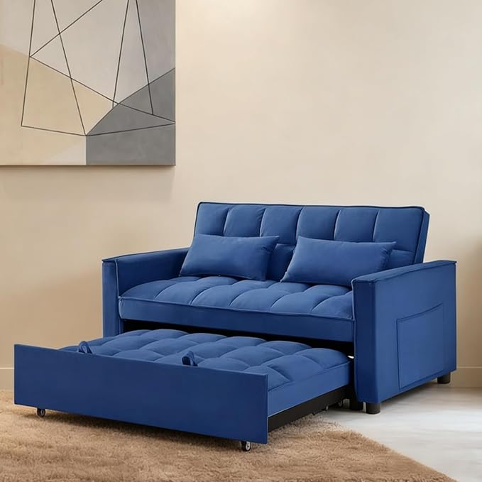 54 inch Velvet 3 in 1 Convertible Sleeper Sofa Bed, Futon Couches for Living Room with Side Pocket | Adjustable Backrest| Velvet Fabric | Pull Out Couch | Love seat Sofa|2-seat Sofa Bed (Blue)