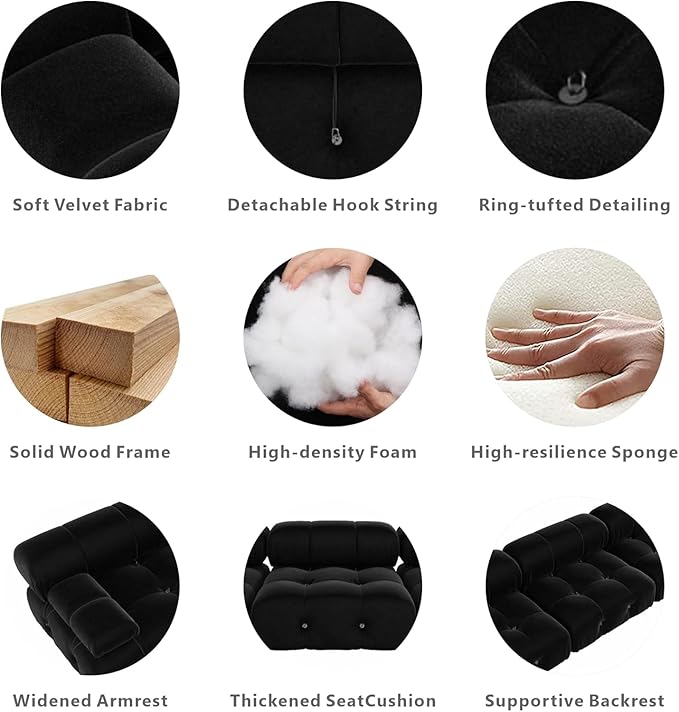 JACH Black Modular Sectional Sofa, 104" Minimalist Mid-Century Velvet Sofas, Comfy Deep Seat Convertible Sofa, Sectional Couch for Living Room, Apartment