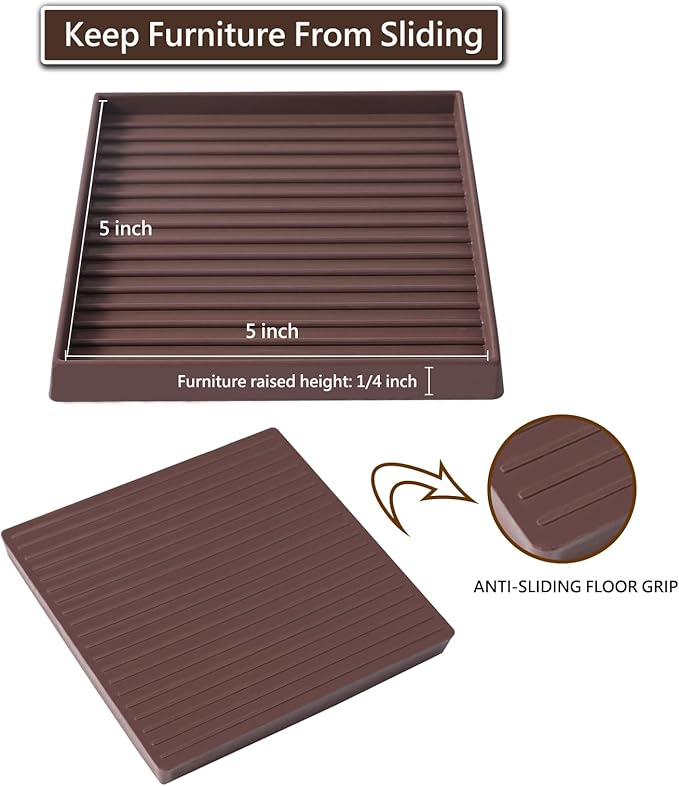5x5 Square Rubber Furniture Caster Cups, Anti-Sliding Furniture Pads Bed Stopper Floor Protectors with Grip - Protect Any Flooring