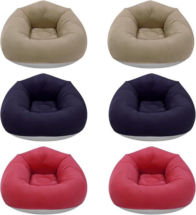6 Pcs Bean Bag Chairs for Adults, Inflatable Chairs with Foot Pump, Folding Blow Up Couch, Flocking Portable Lazy Sofa for Movie Night, Living Room, Camping, 220lbs Load Capacity, Brown+Navy Blue+Red