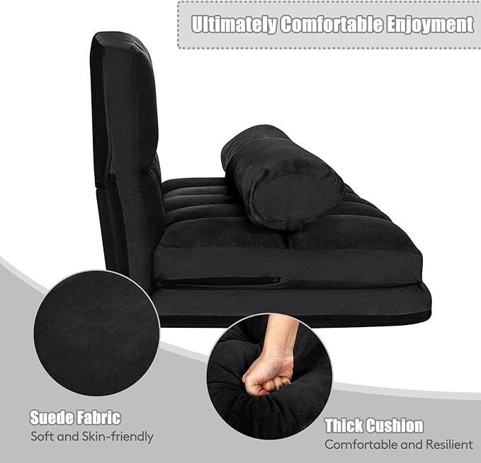 KOMFOTT Adjustable Floor Sofa Bed, Foldable Lazy Sofa Sleeper Bed with 6 Position Backrest & 2 Pillows, Convertible Futon Couch Bed with Suede Cloth Cover, Lounge Recliner for Living Room (Black)