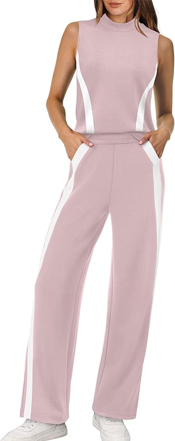 XIEERDUO Two Piece Sets for Women Summer Outfits Travel Mock Neck Lounge Sets Wide Leg Pants Beach Vacation Clothes