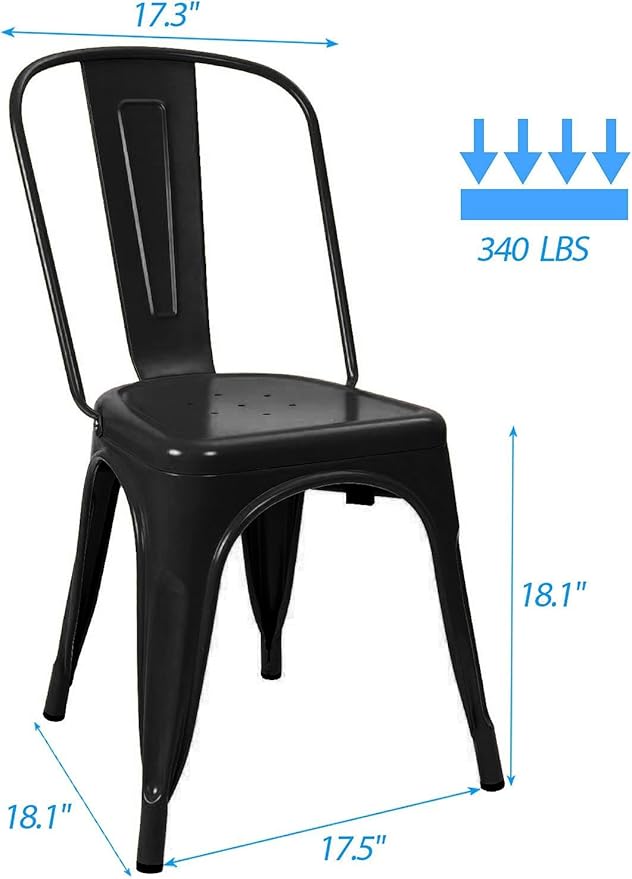 Devoko Metal Indoor-Outdoor Chairs Distressed Style Kitchen Dining Chairs Stackable Side Chairs with Back Set of 4 (Black)