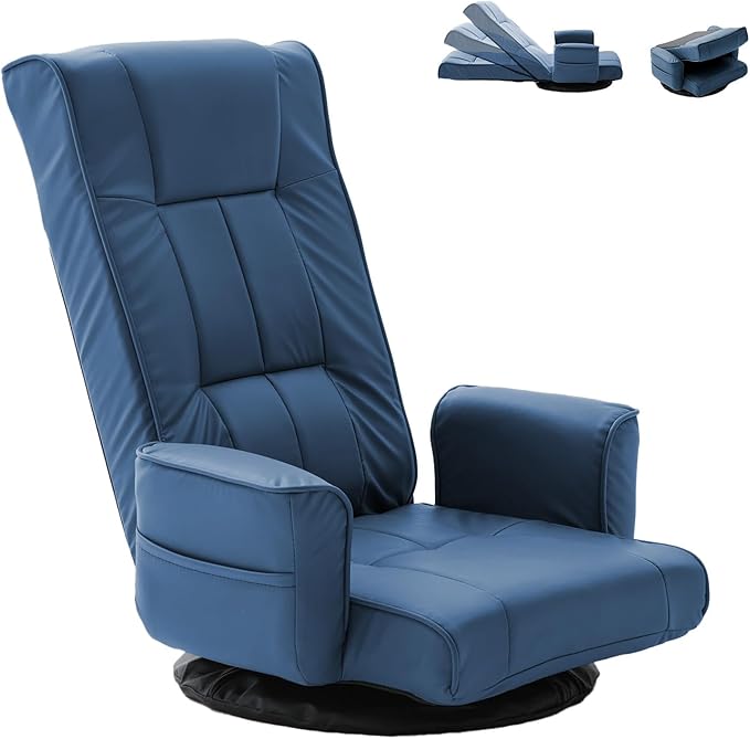FLOGUOR 360° Swivel Gaming Floor Chair with Armrests – 14-Position Adjustable Folding Floor Sofa Lounger, Padded Backrest, Multi-Angle Recline for Home, Living Room & Office (Blue)