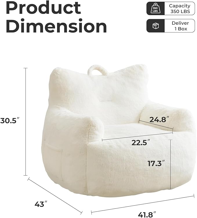 Giant Bean Bag Chair for Adults, Oversized Bean Bag with Filling Plush Fluffy,BeanBag Lazy Sofa Couch with Armrest for Living Room, Cat Shaped Beanbag Couch with Sidepocket for Bedroom,Beige