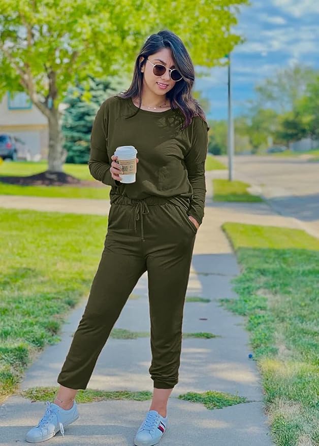 PRETTYGARDEN Women Fall 2 Piece Lounge Outfit Long Sleeve Tops High Waisted Jogger Pants Set Spring Travel Clothes Tracksuit