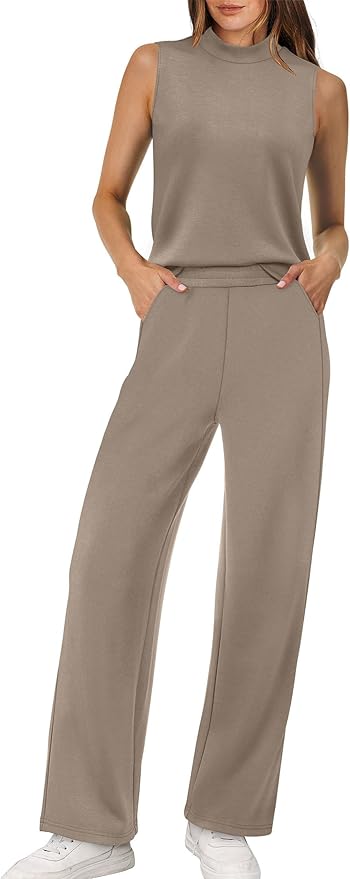 XIEERDUO Two Piece Sets for Women Summer Outfits Travel Mock Neck Lounge Sets Wide Leg Pants Beach Vacation Clothes