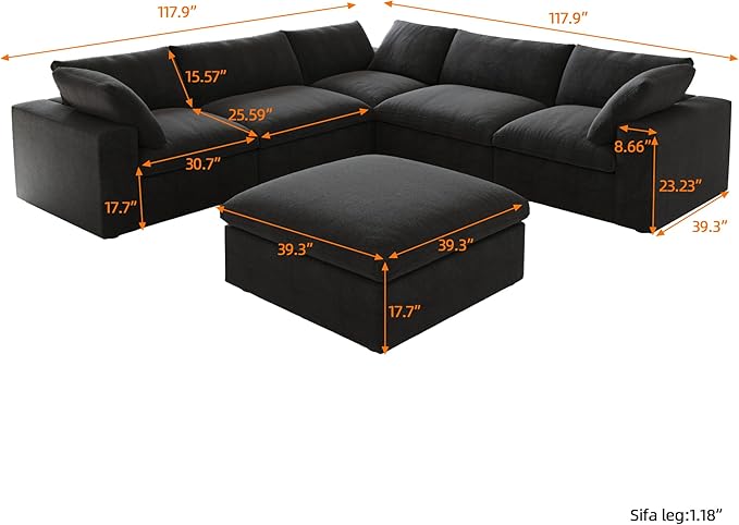 V-Shaped Cloud Sectional Couch, Modular Sectional Sofa, Modern Comfy Cloud Sofa with Storage Ottoman, Covers Removable, Convertible Sleeper Couch for Living Room Apartment (Black, Linen Fabric)