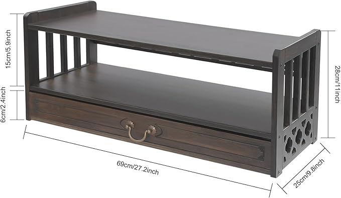 Low 3-Tier Meditation Table with Drawer,Bamboo Altar Tables,Puja Desks,Tatami Desk,27.2”W,Walnut Color
