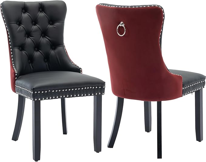 YeahFurn Modern Dining Chairs Set of 2, Tufted Upholstered Dining Room Chairs with Nailhead, PU Leather Front & Velvet Back, Solid Wood Legs, Kitchen Chairs, Sillas de Comedor (Black & Burgundy)