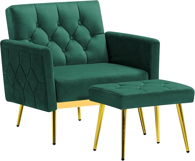 ACMEASE Velvet Accent Chair w/Adjustable Armrests and Backrests, Tufted Single Armchair w/Ottoman, Upholstered Reading Chiar for Living Room, Apartment, Bedroom, Green