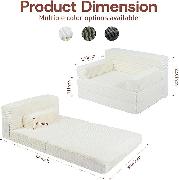 Folding Sofa Bed,Convertible Sofa Bed with Armrest Foldable Sleeper Chair, Portable Folding 4-in-1 Floor Sofa with Convertible Lounge Chair for Living Room,Bedroom,Washable Cover,White Single