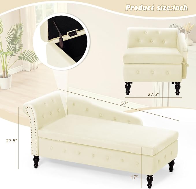 ACMEASE Upholstered Chaise Lounge with Left Armrest & Lumbar Pillow,Button Tufted Lounge Sofa with Storage,Lounge Chair Indoor,Modern Velvet Lounge Chair for Bedroom, Living Room and Office,Beige