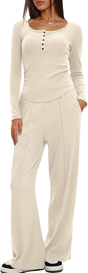 Darong Womens 2 Piece Matching Lounge Sets 2026 Long Sleeve Henley Shirts Wide Leg Pants Airport Travel Outfits