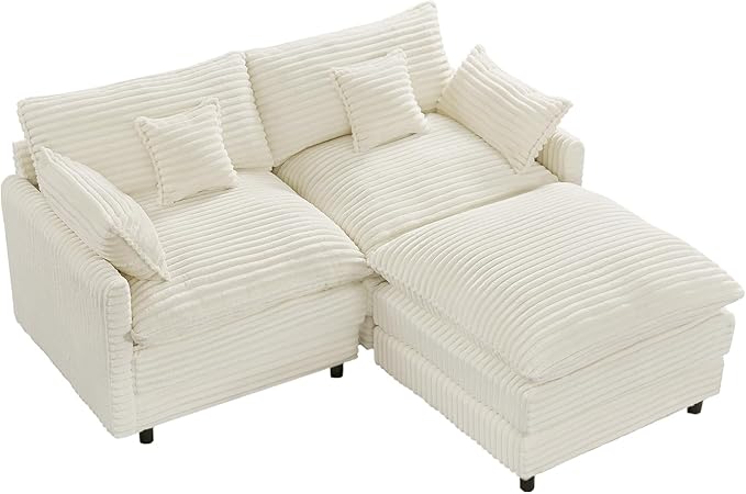 HYJT-H&K 74" L Shaped Cloud Couch Modular Small Sectional Couches for Living Room Small Spaces, Comfy Fluffy Corduroy Cloud Loveseat with Ottoman 3 Seat Sectionals Sofa, White