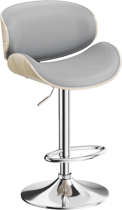 Aowos Bar Stools, Adjustable Swivel Leather Bar Stools for Kitchen Island, Mid Century Modern Counter Height Bar Chairs Barstools with Back & Footrest (Grey 1PCS)