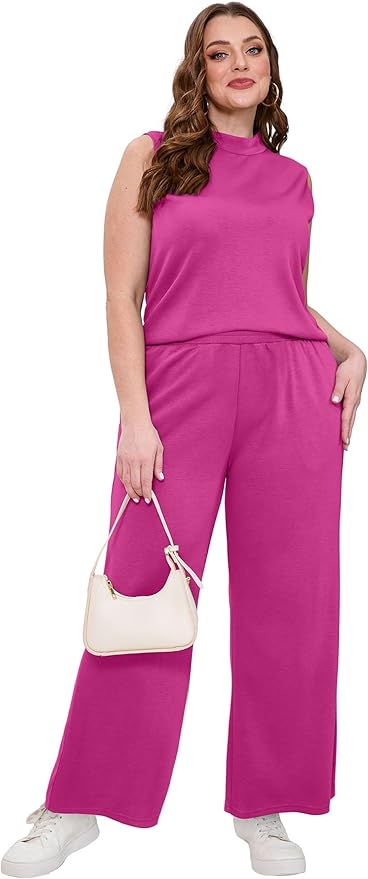XIEERDUO Two Piece Sets for Women Summer Outfits Travel Mock Neck Lounge Sets Wide Leg Pants Beach Vacation Clothes