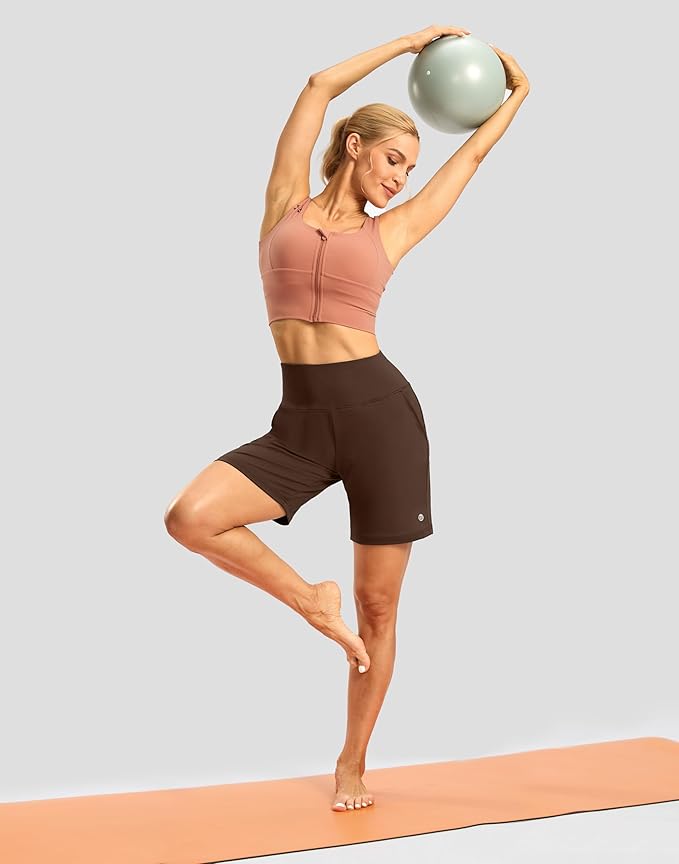 Women's Athletic Shorts with Zipper Pocket 7" High Waisted Stretchy Bermuda Shorts for Women Workout Running Casual