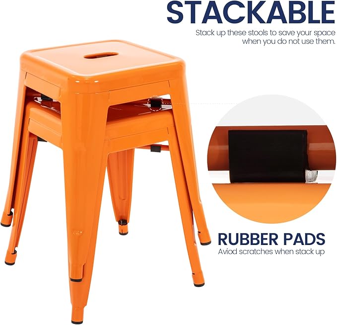 Brage Living 18 Inch Industrial Metal Stools Set of 2, Short Stackable Classroom Stools, Backless Metal Dining Chairs for Indoor Outdoor Kitchen (Orange)