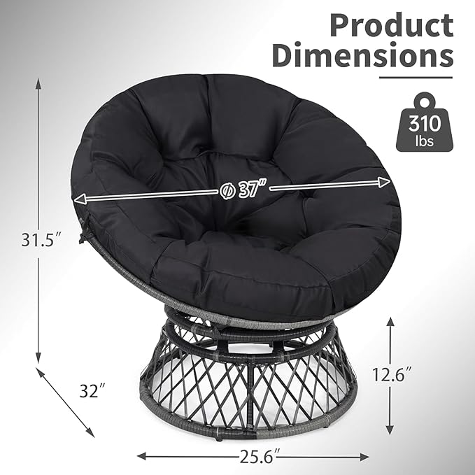 Kromax 40" Ergonomic Wicker Papasan Chair, 360° Swivel Round Egg Chair with Soft Thick Cushion, Indoor Outdoor Use for Living Room, Bedroom, Reading Room, Grey Frame with Black Cushion