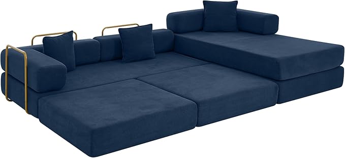 108" Convertible Sleeper Sofa Bed, Corduroy Folding Sofa Bed with Fixed-Shape Frame, Fold Out Floor Mattress Couch, Lazy Compression Sofas for Living Room, Bedroom, No Assembly Required,Blue