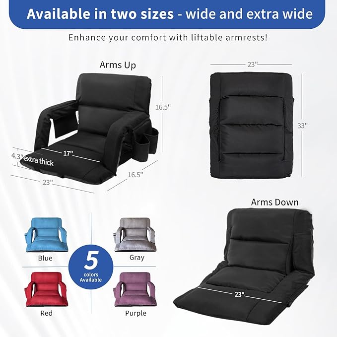 Aventorixis Wide Stadium Seats with Back Support – 2 Pack Sofa Style Bleacher Chairs, Thick Cushions, 6 Reclining Positions for Ultimate Comfort (Black-2 Pack, Wide|22.5")
