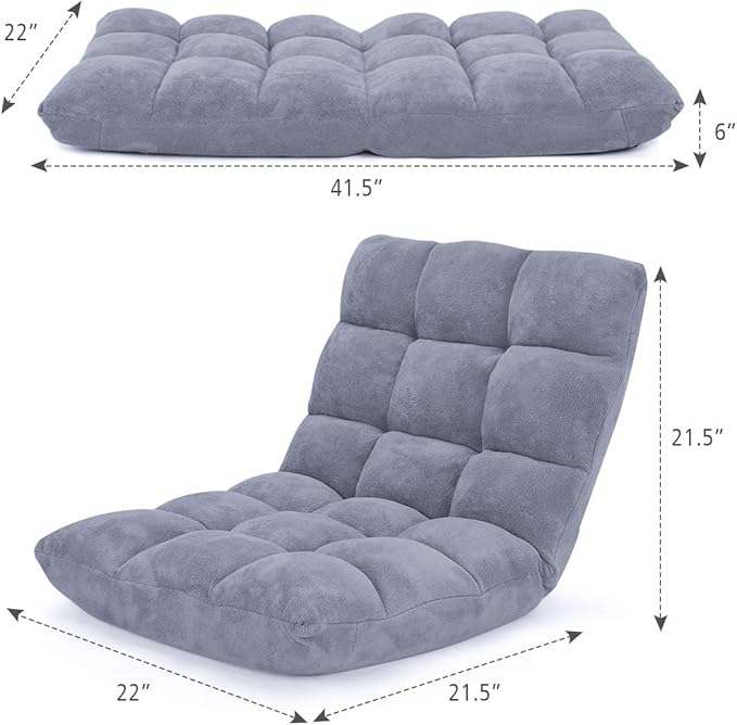 Floor Chair with Back Support, Foldling Gaming Sofa Chair with Comfy Cushion, Adjustable 14-Position Meditation Chairs, Lazy Lounge Recliner Reading Seat for Adults, Kids (Grey)