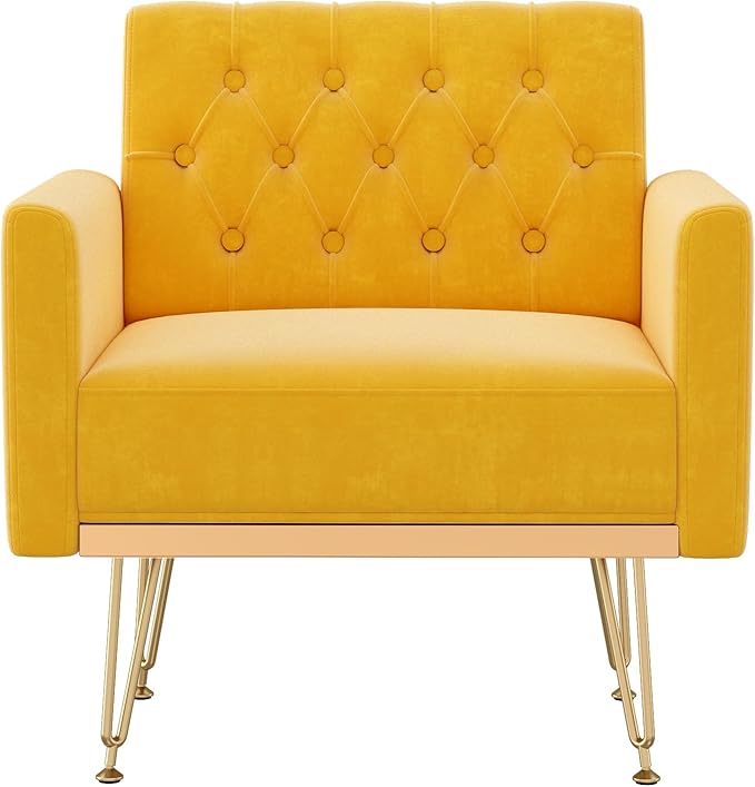 Accent Chair for Living Room, Comfy Oversized Velvet Upholstered Arm Chairs, Mid Century Modern Reading Single Sofa Side Chair with Tufted Back and Gold Legs for Bedroom (2, Mustard)