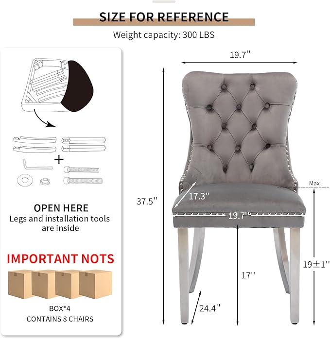 YeahFurn Mid Century Modern Dining Chairs Set of 8, Grey Velvet Upholstered Tufted Back, Kitchen & Dining Room Chairs, Brushed Silver Metal Legs, Nailhead Trim, Sillas para Comedor (Gray, 8 Pcs)