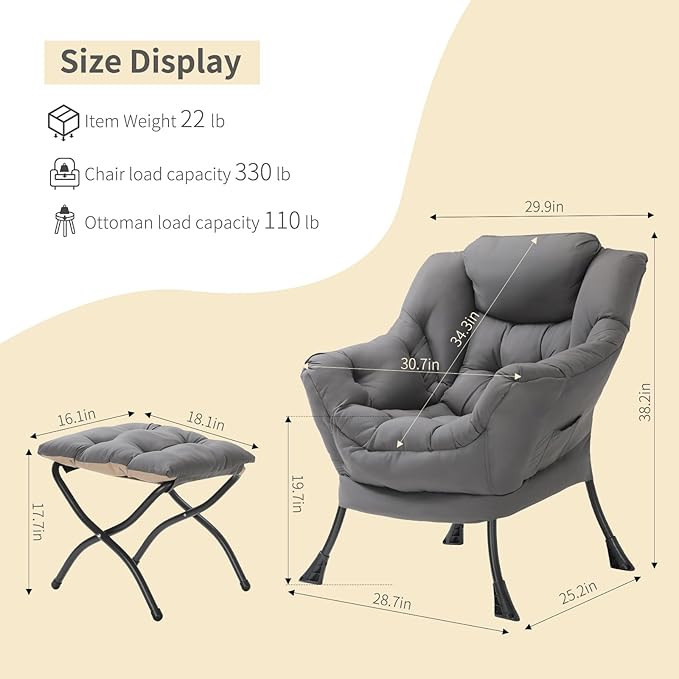 TLSUNNY Lazy Chair with Foldable Ottoman, Modern Comfy Lounge Chair, Large Sofa Armchair with Footrest and a Side Pocket, Reading Chair with Footstool for Bedroom, Living Room, Dorm (Dark Grey)
