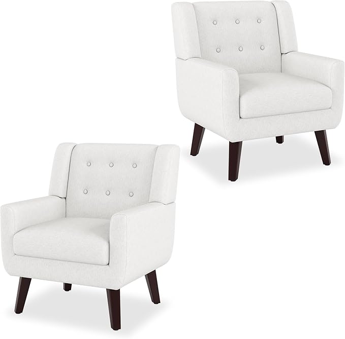 Accent Chairs Set of 2, Mid-Century Modern Upholstered Living Room Armchair, Comfy Linen Fabric Single Reading Arm Chair with Tufted Back and Wood Legs for Bedroom, Club (2, Beige)
