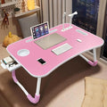 Portable Laptop Desk, Pink Foldable Bed Table with Cup Holder, LED Lights, Storage Drawer, Multi-Purpose Workstation for Working, Reading, Entertainment
