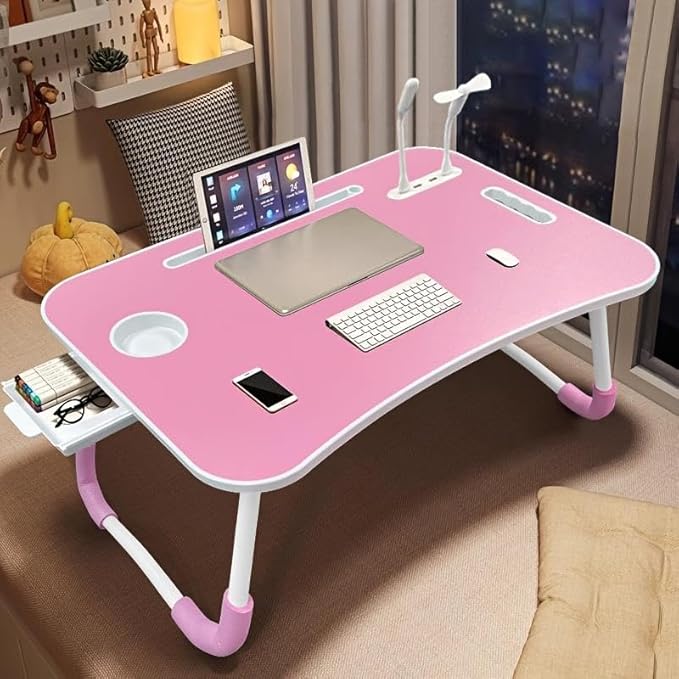 Portable Laptop Desk, Pink Foldable Bed Table with Cup Holder, LED Lights, Storage Drawer, Multi-Purpose Workstation for Working, Reading, Entertainment