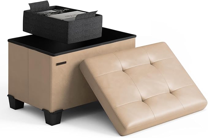 Storage Ottoman Cube with Small Bin, 16-in Square Ottoman with Storage for Living Room and Bedroom, Small Ottomans Foot Rest, Faux Leather Foot Stools Ottomans Max 330lbs, Taupe