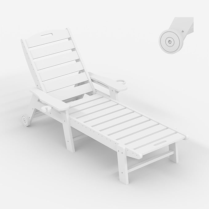 GarveeLife Outdoor HDPE Chaise Lounge with Rolling Wheels, Oversize HDPE 5-Position Pool Lounge Chairs, Pool Lounges Chairs