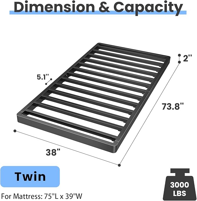 Superay 2 Inch Twin Box Spring Low Profile, Heavy Duty Metal Box Spring Bed Base, Bunkie Board Bed Slat Replacement, Mattress Foundation, Easy Assembly, Noise Free