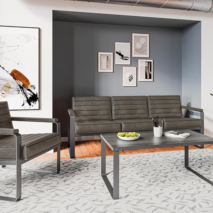 NBF 3 Seat Office Lounge Sofa - Black Polyurethane Upholstery with Charcoal Metal Frame - Modern Waiting Room Sofa Bench - 78.75" W x 30.75" D x 29.5" H