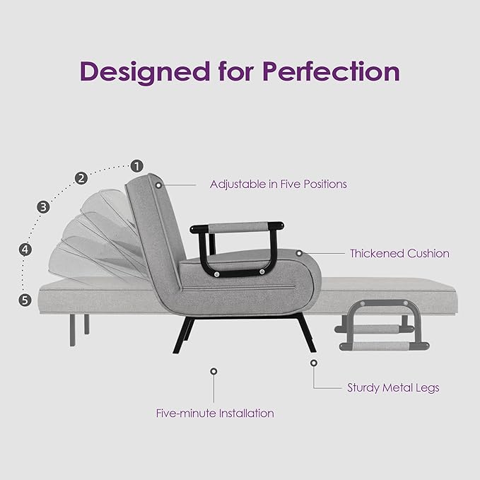 TYBOATLE Folding Chair Bed, Comfy Convertible Sleeper Sofa, 5 in 1 Folding Bed with 5-Position Adjustable Backrest & Pillow, Floor Single Chairs, Cozy Futon Chair for Small Spaces, Office (Light Grey)