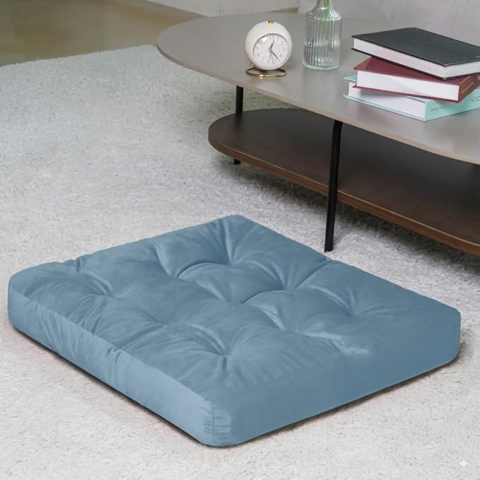 Velvet Floor Pillow,Square Large Pillows Seating for Adults, Tufted Cushions for Meditation, Yoga Tatami Living Room Chair Booster, Machine-Washable & Dryer-Safe, Pastel Blue, 22x22 Inch