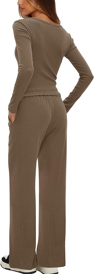 Darong Womens 2 Piece Matching Lounge Sets 2026 Long Sleeve Henley Shirts Wide Leg Pants Airport Travel Outfits