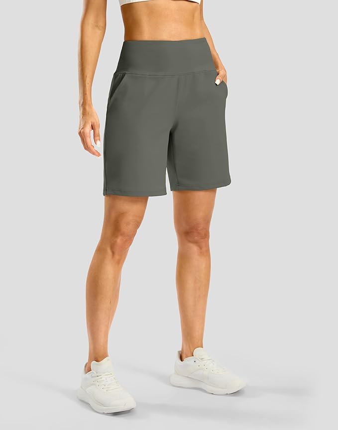 Women's Athletic Shorts with Zipper Pocket 7" High Waisted Stretchy Bermuda Shorts for Women Workout Running Casual