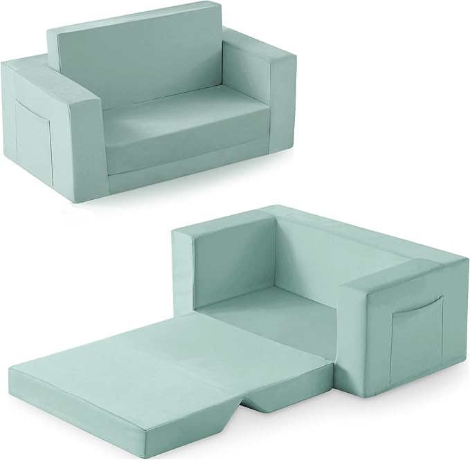 Kids Couch, 2-in-1 Toddler Chair Comfy 1-3 Years, Convertible Kids Chair, Toddler Couch That Fold Out, Kid Lounge Chairs for Boys and Girls, Soft Coral Fleece, Double, Teal